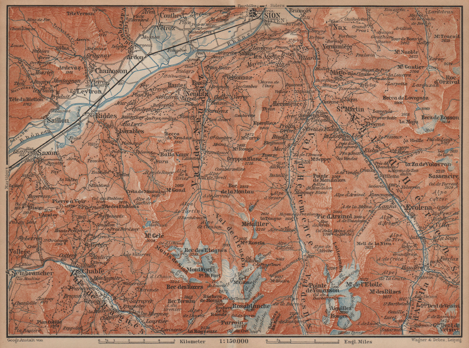 Area south of SION. Verbier Riddes Nendaz Veysonnaz Hérens Entremont 1901 map